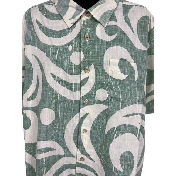 Quiksilver Size Large Mens Green White Abstract Hawaiian Aloha Button-Up Shirt - Picture 4 of 9